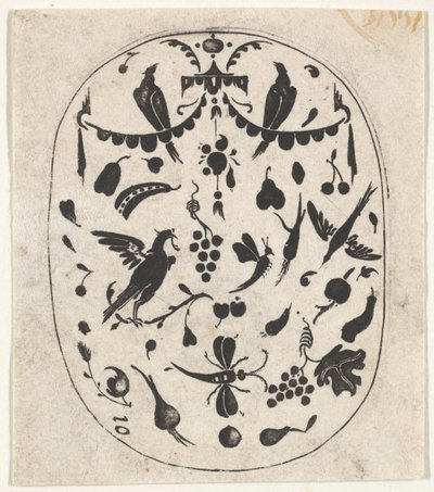 Ovale Blackwork Print met vogels, insecten en vruchten, ca. 1620 door Claes Jansz Visscher