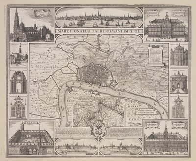 Plan van Antwerpen met uitzicht op de stad en de belangrijkste gebouwen door Claes Jansz. Visscher