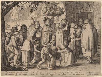 Processie van feestende melaatsen door Claes Jansz Visscher