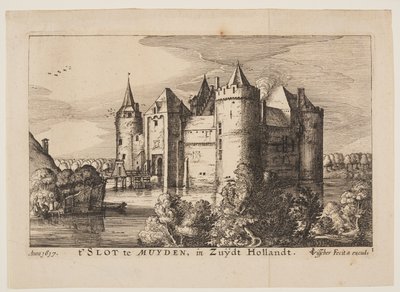 Het kasteel van Muiden (in spiegelbeeld), uit Vier Kastelen in Nederland en Utrecht door Claes Jansz. Visscher