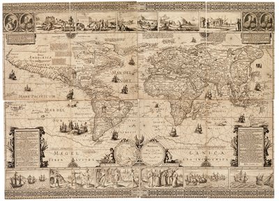 Het blad is een composiet van acht secties en een gravure, geplakt op karton. Schaal: circa 1:35,000,000 door Claes Jansz Visscher
