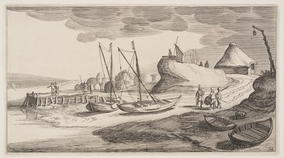 Boten aan wal bij een uitkijktoren, uit Landschappen (Playsante Lantschappen) door Claes Jansz. Visscher II