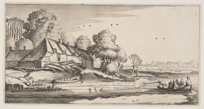 Eenden schieten vanaf een rijtjesboot bij een boerderij, uit Landschappen (Playsante Lantschappen) door Claes Jansz. Visscher II