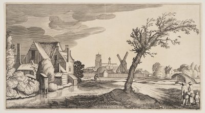 Huis aan een vijver buiten een stad, uit Landschappen (Playsante Lantschappen) door Claes Jansz. Visscher II