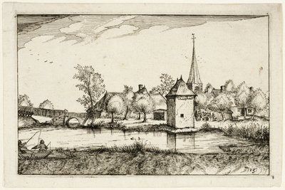 Vijver en een dorp, plaat vijftien naar afbeeldingen van boerderijen, landhuizen en rustieke dorpen (Praediorum villarum et rusticarum casularum icones) door Claes Jansz. Visscher II