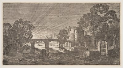 Zonsondergang boven een rivier, uit Landschappen (Playsante Lantschappen) door Claes Jansz. Visscher II