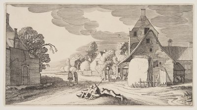 Drie boeren rustend op een kruispunt in een dorp, uit Landschappen (Playsante Lantschappen) door Claes Jansz. Visscher II