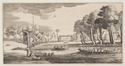 Reizigers in rieboten naderen een dorp, uit Landschappen (Playsante Lantschappen) door Claes Jansz. Visscher II