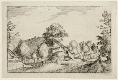 Dorpsweg, plaat twaalf naar Afbeeldingen van boerderijen, landhuizen en rustieke dorpen (Praediorum villarum et rusticarum casularum icones) door Claes Jansz. Visscher II