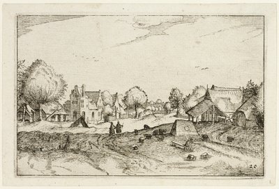 Dorpsweg, plaat twintig naar Afbeeldingen van boerderijen, landhuizen en rustieke dorpen (Praediorum villarum et rusticarum casularum icones) door Claes Jansz. Visscher II