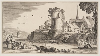 Uitkijktoren bij een rivier, uit Landschappen (Playsante Lantschappen) door Claes Jansz. Visscher II