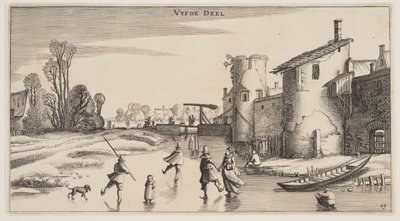 Winterlandschap met schaatsers langs een stadsmuur, uit Landschappen (Playsante Lantschappen) door Claes Jansz. Visscher II