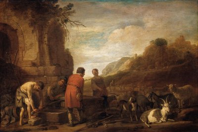 De ontmoeting van Jakob en Rachel (Genesis 29:10) door Claes Moeyaert