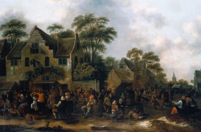 Boeren die dansen en feestvieren in een dorpsstraat door Claes Molenaer