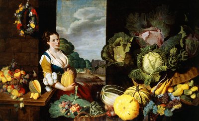 Een jonge vrouw bij een fruit- en groentekraam door Claes van Heussen