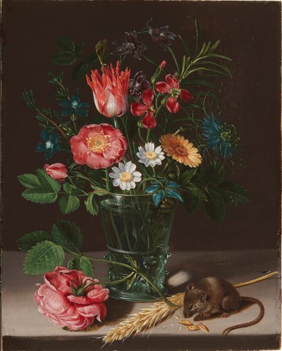 Bloemen in een vaas met een knabbelende muis door Clara Peeters