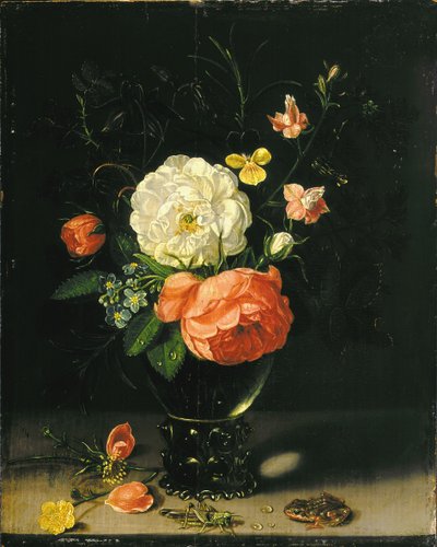 Bloemen in een vaas met sprinkhaan en kikker door Clara Peeters