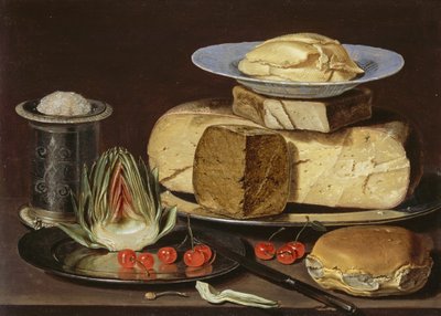 Stilleven met kazen, artisjok en kersen, ca. 1625 door Charlotte Evans
