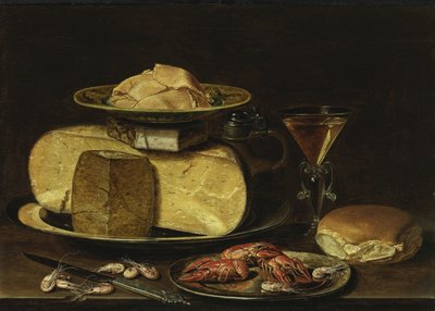 Stilleven met kazen, glas à la façon de Venise en rivierkreeft op een tinnen bord door Charlotte Evans