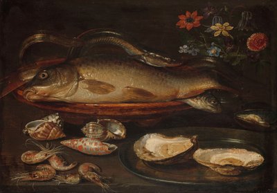 Stilleven met vis, oesters en garnalen door Charlotte Evans