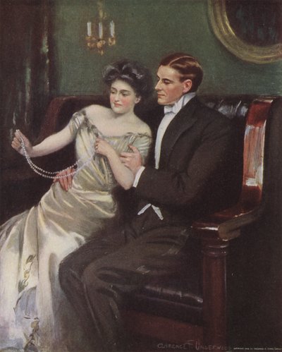 Vrouw ontvangt een parelketting als cadeau door Clarence F. Underwood