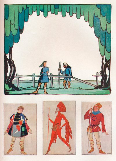 Decor voor As You Like It Act I, Scene I en kostuums van Amiens en Lebeau, 1919 door Claud Lovat Fraser