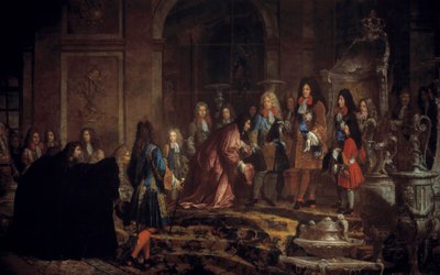 Herstel aan Koning Lodewijk XIV door de Doge van Genua in de Spiegelzaal in Versailles, 15 mei door Claude Guy Halle
