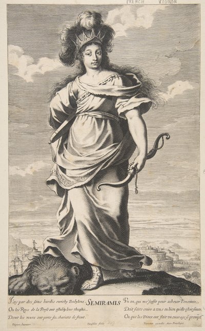 Semiramis uit Les Sept Merveilles du monde, ca. 1639-40 (ets & gravure) door Claude (after) Vignon