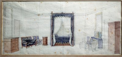 Slaapkamer (met ladekast, canapé, fauteuil en hemelbed) door Claude Amie Chenavard