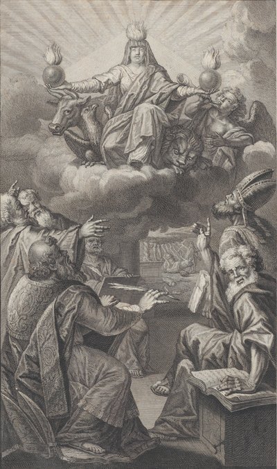Allegorische figuur die op wolken verschijnt terwijl een groep mannen beneden omhoog kijkt, 1728 door Claude Augustin Duflos