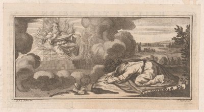 Allegorische of Bijbelse voorstelling met knielende figuur voor man op troon met vlammen door Claude Augustin Duflos