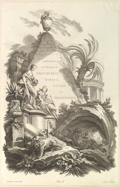 Frontispice voor het Graf van Boyle, Locke, en Sydenham, ca. 1736 door Claude Augustin Duflos
