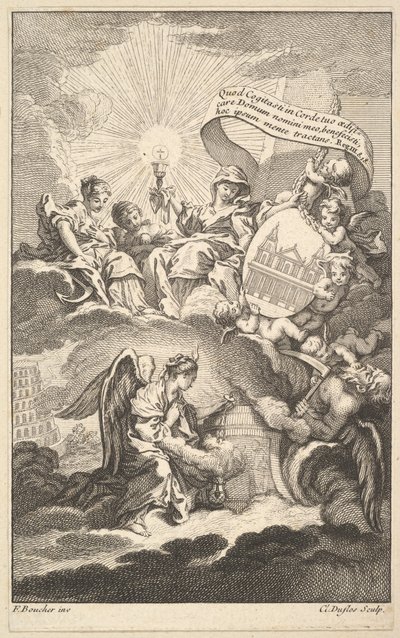 Frontispice, uit De Bouw van St. Sulpice door Alexis Piron, ca. 1744 door Claude Augustin Duflos