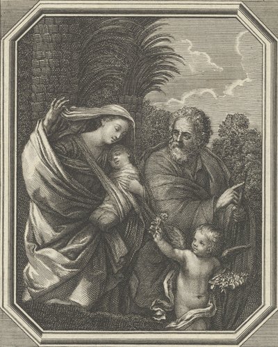 De vlucht naar Egypte, de heilige familie wandelend met de jonge Johannes de Doper, ca. 1720-86 door Claude Augustin Duflos