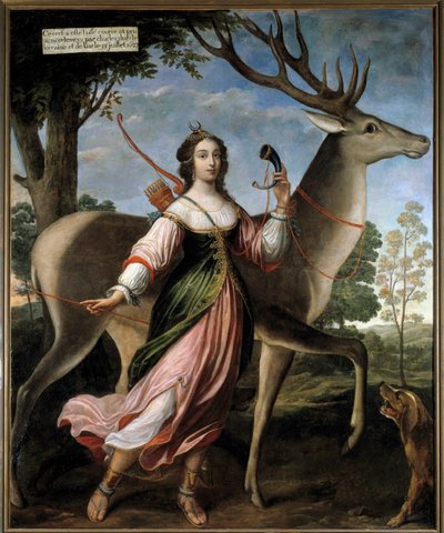 Portret van Marie de Rohan - Montbazon, hertogin van Luynes en daarna Chevreuse (1600-1679). De jonge vrouw is afgebeeld als jageres Diana, met een hert door Claude Deruet