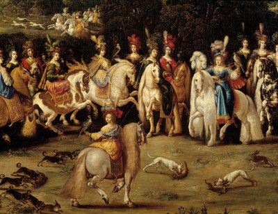 De vier elementen. Lucht detail: Ecuyere met jachtvalk. Schilderij door Claude Deruet door Claude Deruet