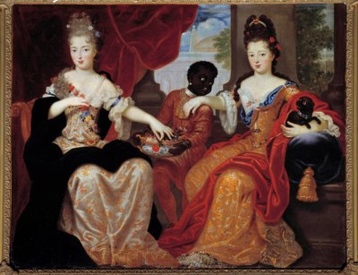 Portretten van Mademoiselle de Blois en Mademoiselle de Nantes bediend door hun zwarte dienaar door Claude Francois Vignon