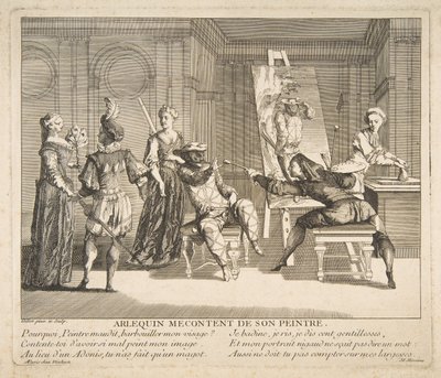 Arlequin Mecontent de Son Peintre, n.d. Makers: Claude Gillot, Jacques Gabriel Huquier door Claude Gillot, Jacques Gabriel Huquier