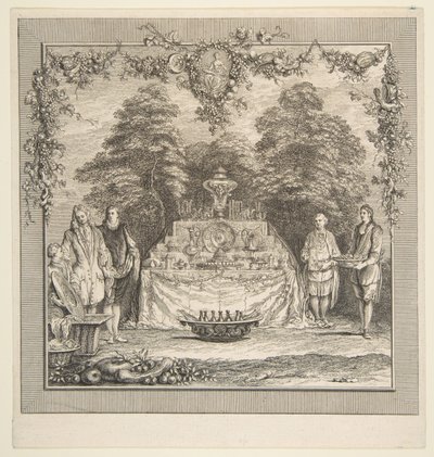 La Colation preparee dans un jardin door Claude Gillot, Jacques Gabriel Huquier