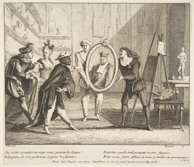 Pierrot en Scaramouche tonen het portret van Harlequin door Claude Gillot, Jacques Gabriel Huquier