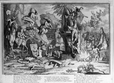 Sabbatceremonies, demonen, heksen en monsterlijke wezens die dansen. Gravure door Gillot door Claude Gillot