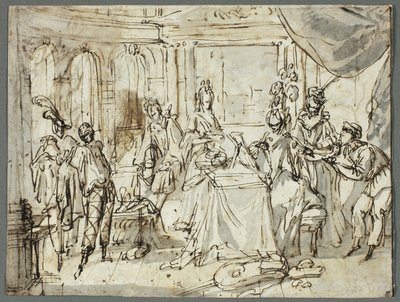 De acteurs maken zich klaar (recto); Studies van de Heilige Familie en Sint Jan de Doper (verso) door Claude Gillot