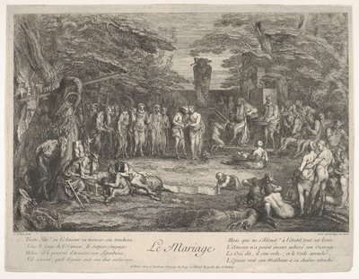 Het Huwelijk: in een bos trouwt een oude sater de verloofde door Claude Gillot