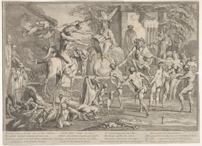 Heksensabbat, binnen een nachtelijk landschap, een necromancer zittend bovenaan, ca. 1700-1720 door Claude Gillot