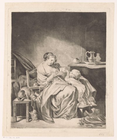 Interieur met een zittende vrouw die haar kind voedt door Claude Henri Watelet