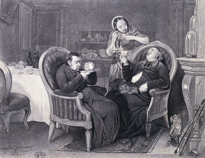 Na het eten: Twee priesters drinken koffie en digestief, geserveerd door hun dienstmeid door Claude Jacquand