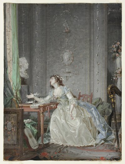 Interieur met een Portret van een Jonge Dame voor een Buste door Claude Jean Baptiste Hoin
