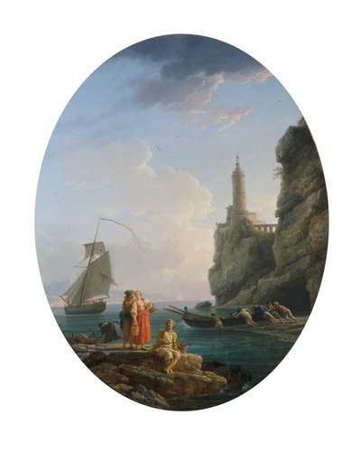 Een mediterrane kustlijn met een verliefd stel en vissers door Claude Joseph Vernet