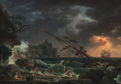 Een schipbreuk in stormachtige zeeën door Claude Joseph Vernet