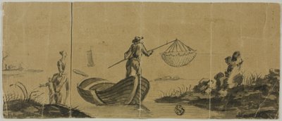 Chinoiserie met Man die Vist vanaf Boot, Vrouw en Kind Staand aan de Oever door Claude Joseph Vernet